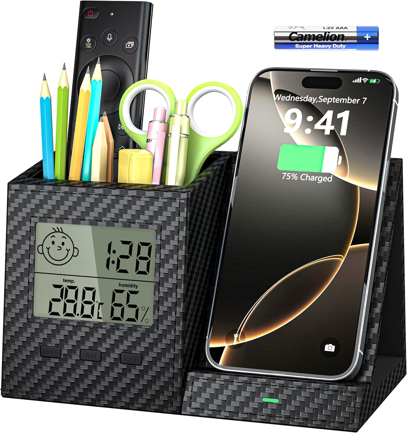 Multifunctional Desk Organizer with Wireless Charger and Thermometer