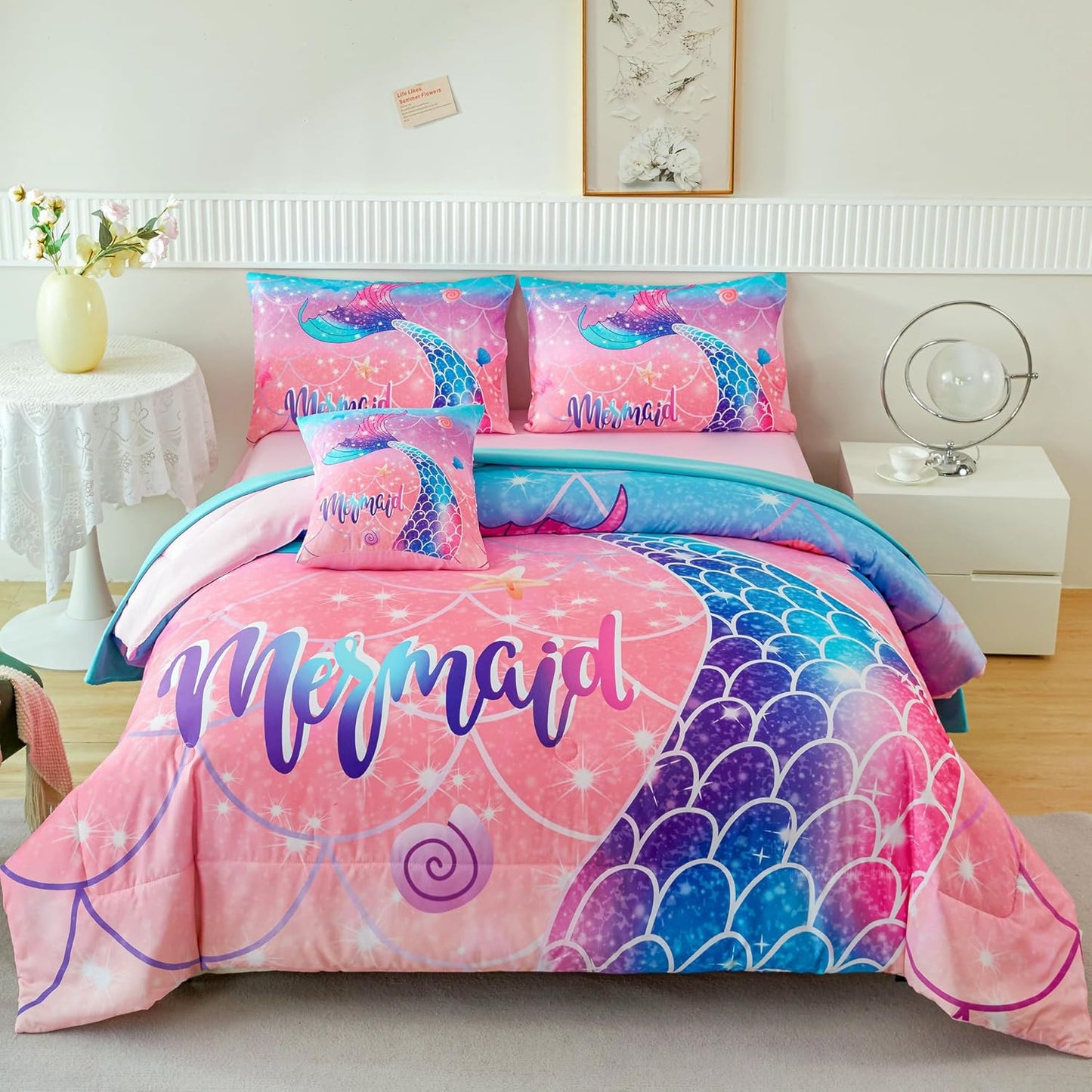 Mermaid Kids Girls Comforter Set Full Size Pink Blue Gradient