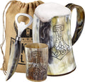 Ox Horn Mug, Shot Glass, and Bottle Opener Set - Authentic 16-oz