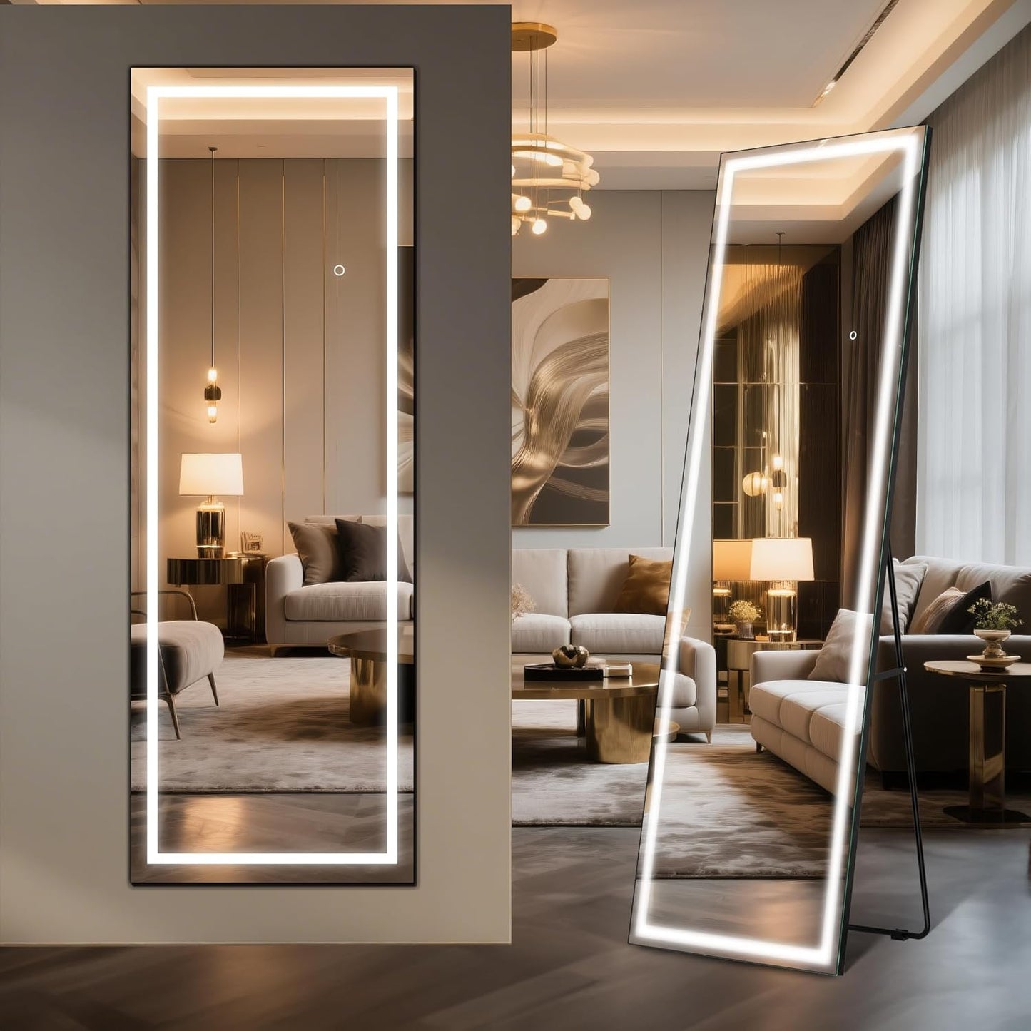 64in x 22in Full Length LED Floor Mirror with Dimmable Lights