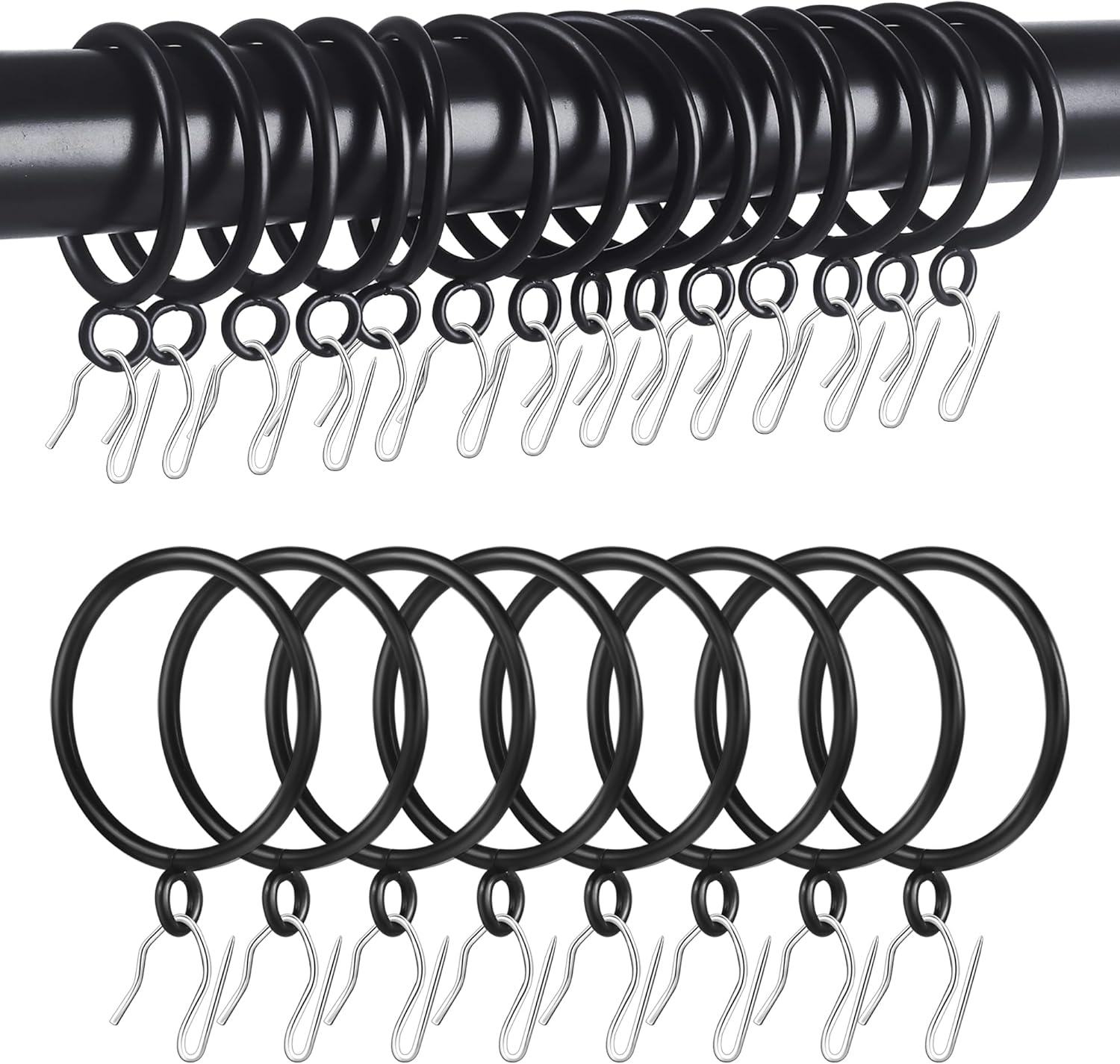 Rustproof Curtain Rings Set, Heavy Duty Metal, Fits 1.5 Rods, Black