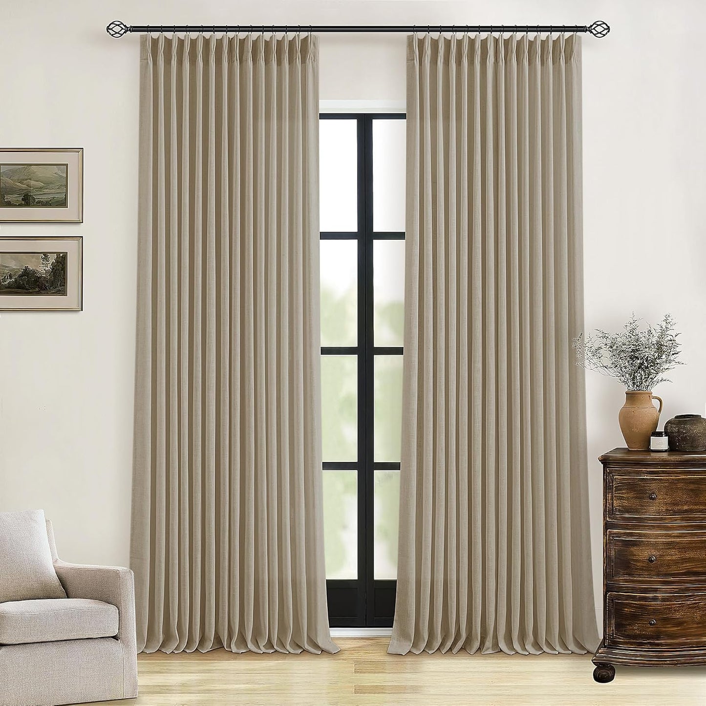 Pleated Linen Curtains 90 Inches Long for Living Room Elegance