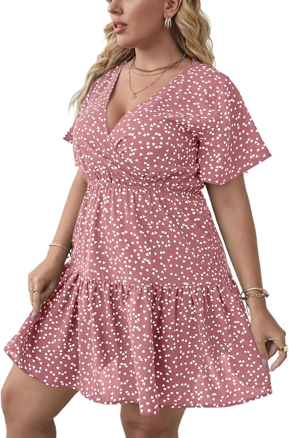 Floerns Women's Plus Size Wrap V Neck Ruffle Hem Short Dress