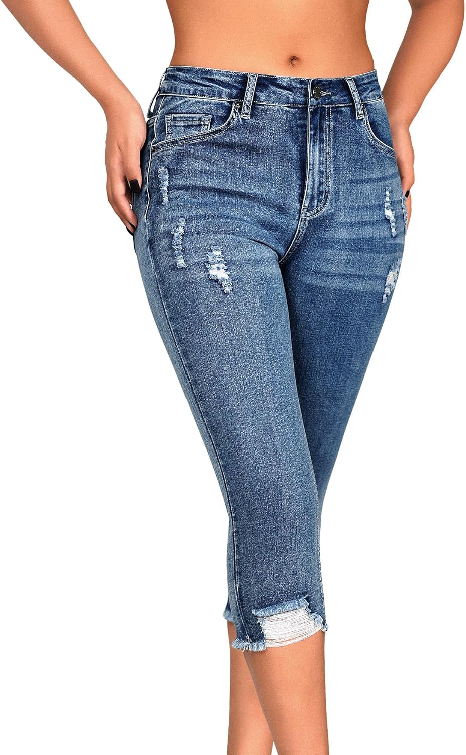 Roswear Women's Capri Pants Mid Rise Skinny Ripped Distressed Jeans