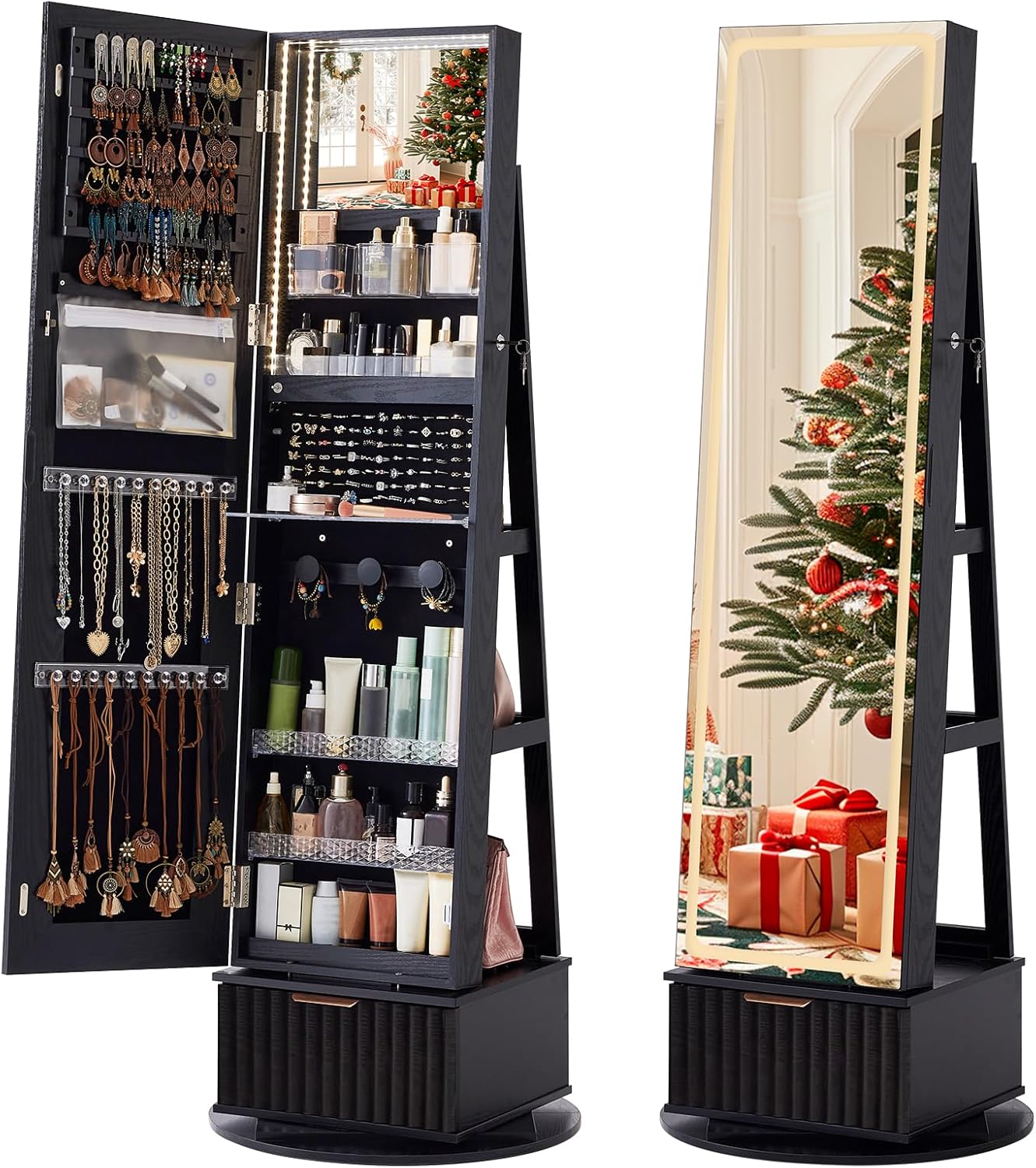 Fluted 360 Swivel Jewelry Armoire with Full Length Mirror