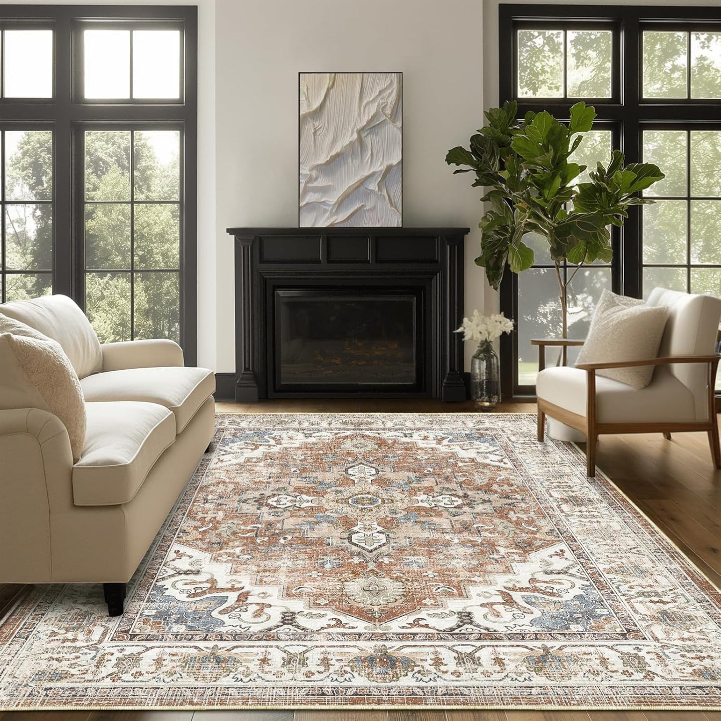 Soft Boho Vintage 5x7 Area Rugs for Living Room - Machine Washable