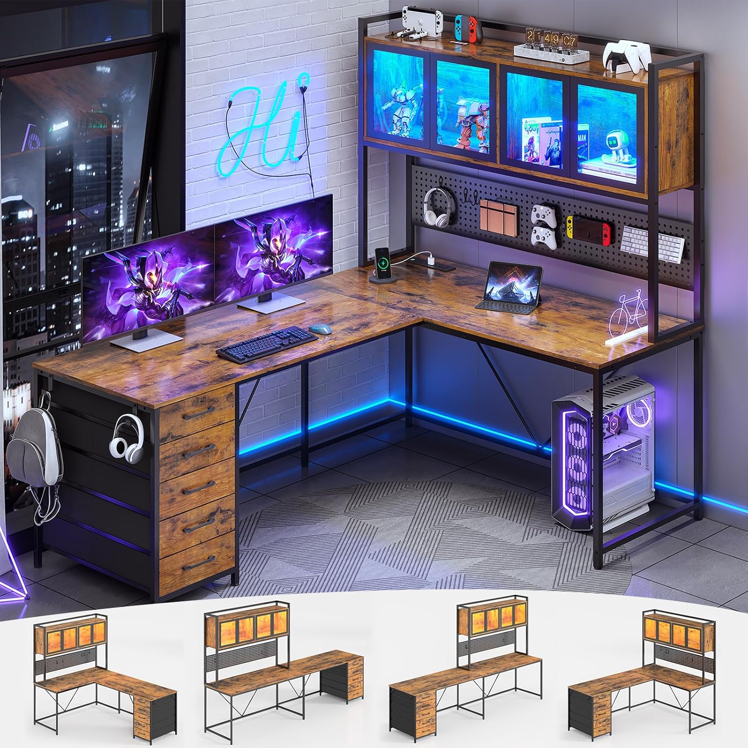 SEDETA L Shaped Gaming Desk with Drawers and LED Lights
