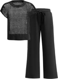 Women Two Piece Crochet Sheer Knit Sweater Set - Versatile Travel