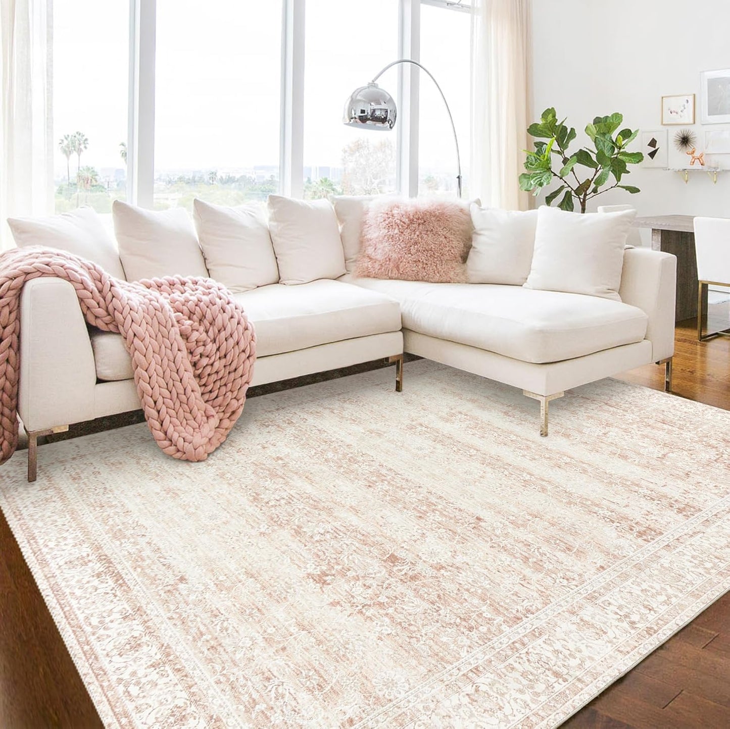 Nursery Rug for Baby Girl in Blush Pink Boho Floral Design