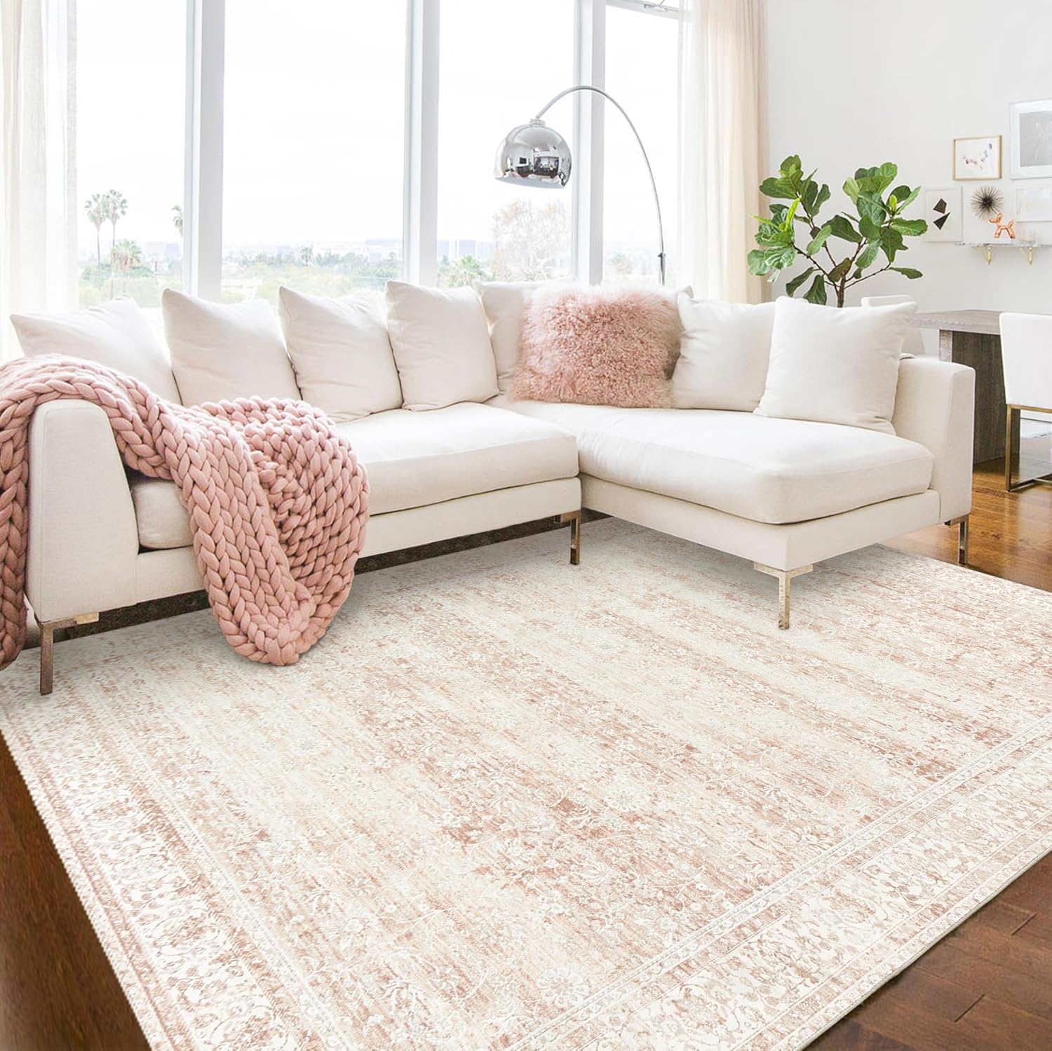 Nursery Rug for Baby Girl in Blush Pink Boho Floral Design