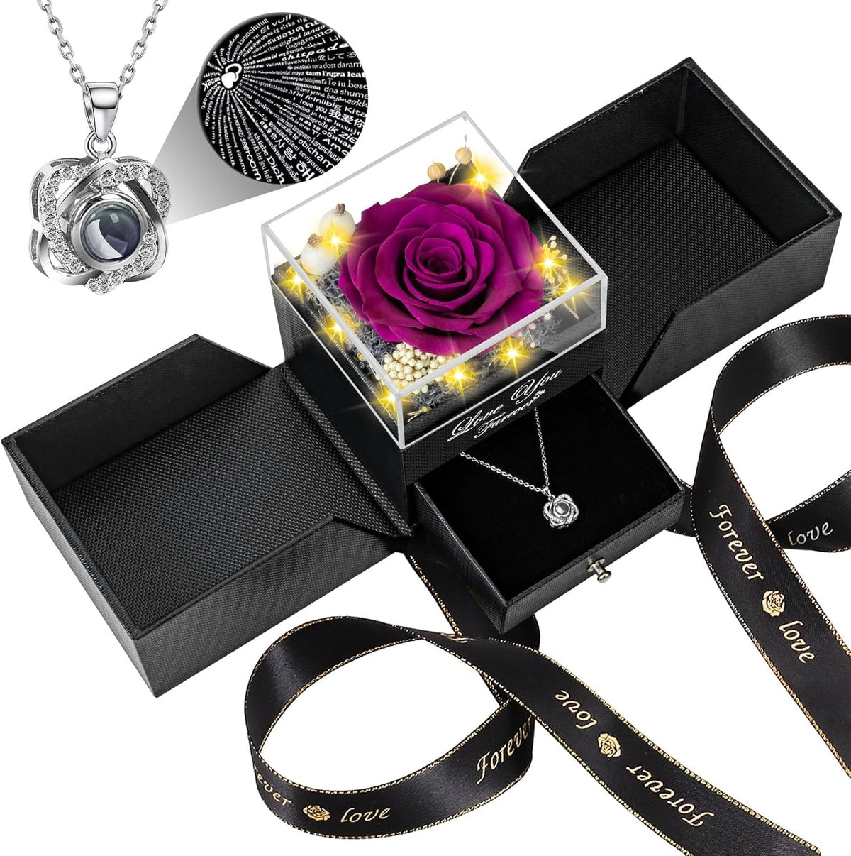 Preserved Purple Real Rose with Heart Necklace for Her Gifts
