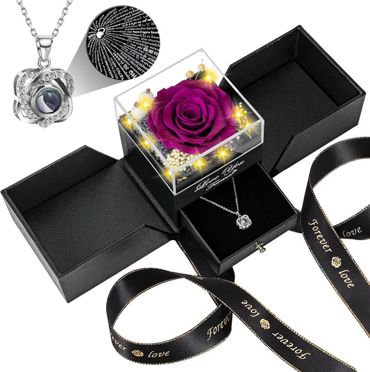 Preserved Purple Real Rose with Heart Necklace for Her Gifts