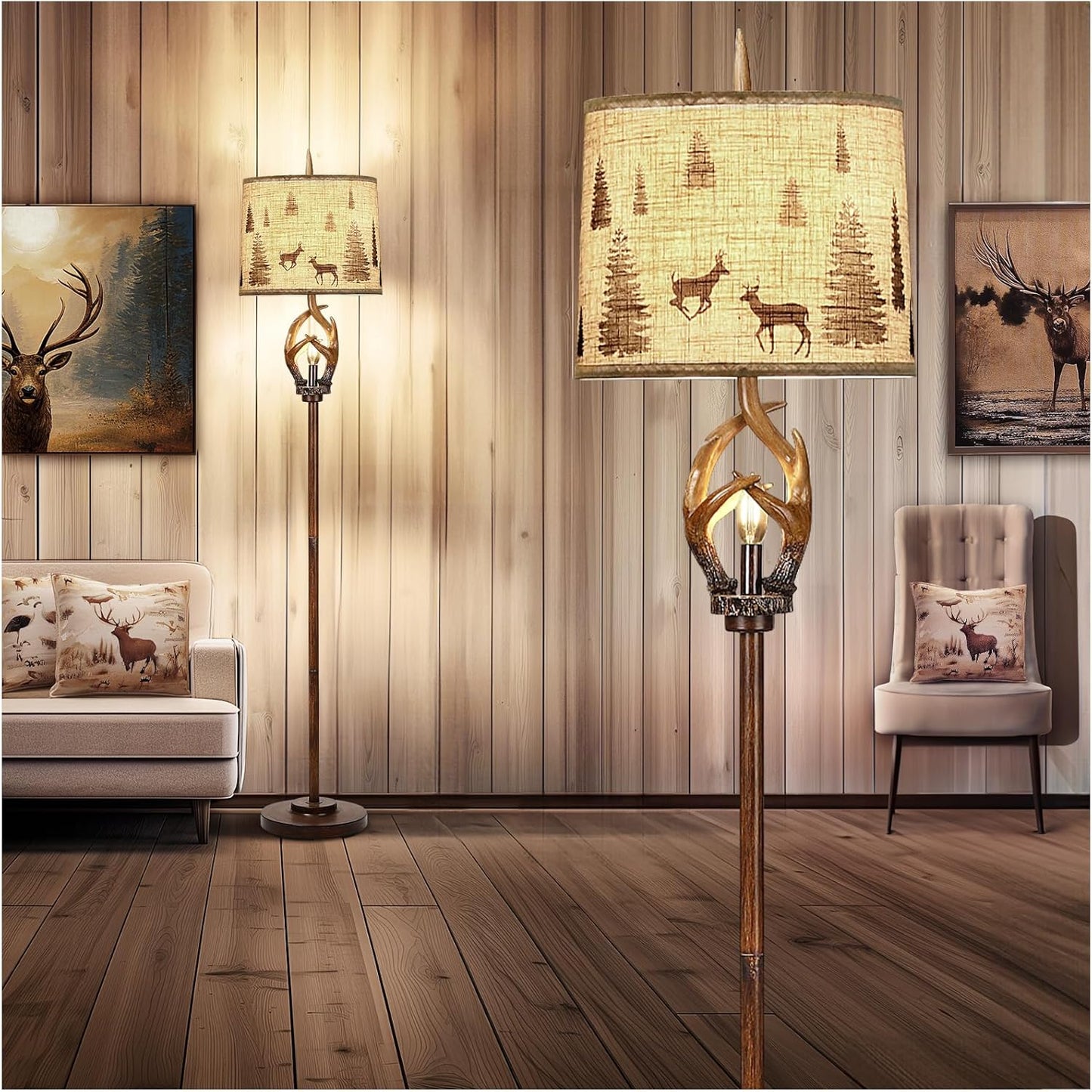 Rustic Farmhouse Antlers Floor Lamp with Nightlight for Home