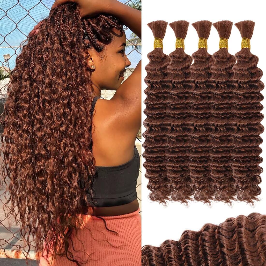 Brown Human Braiding Hair Deep Water Wave for Boho Braids