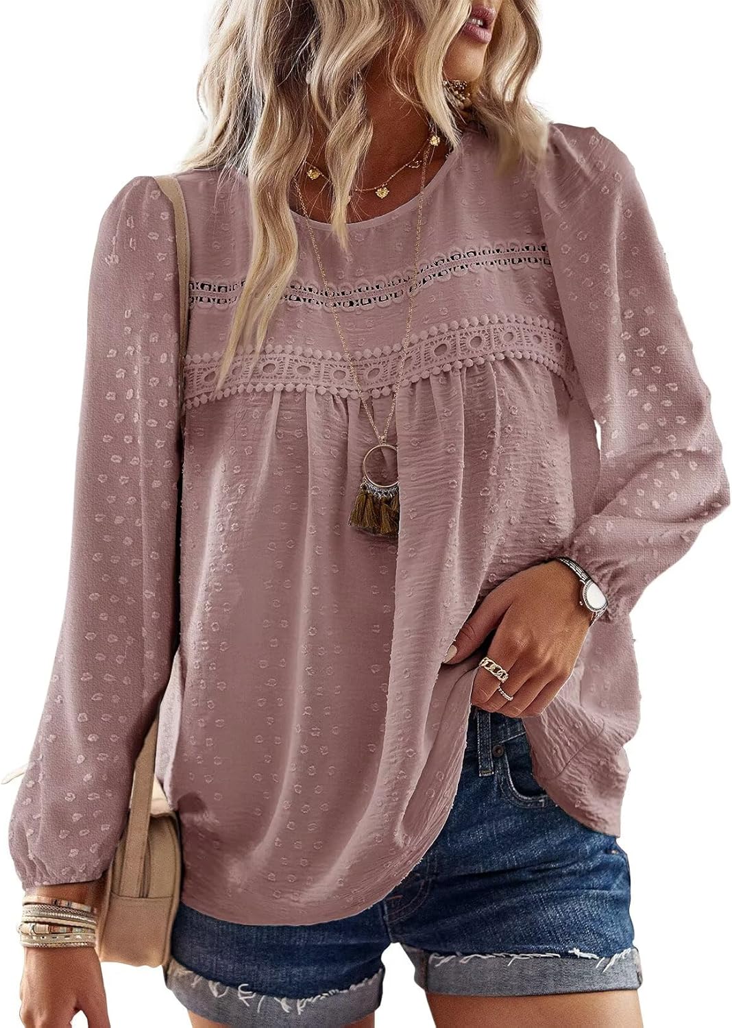 Womens Fall Tops Crewneck Long Sleeve Casual Chiffon Blouses