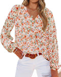 Boho Floral V Neck Blouse Women Puff Sleeve Chiffon Top - Lightweight