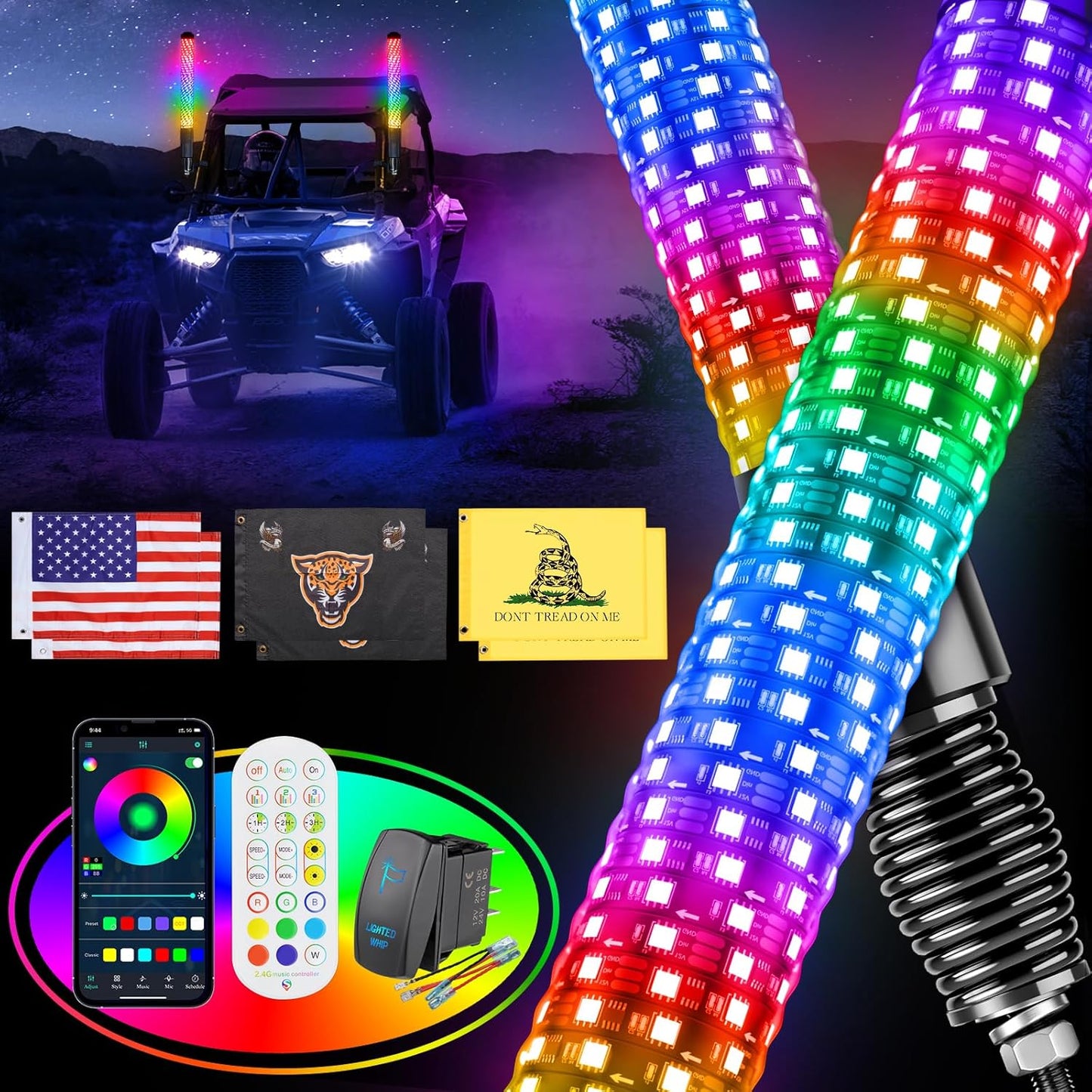 2FT Fat Whip Lights for UTV ATV with Remote Control & Flags