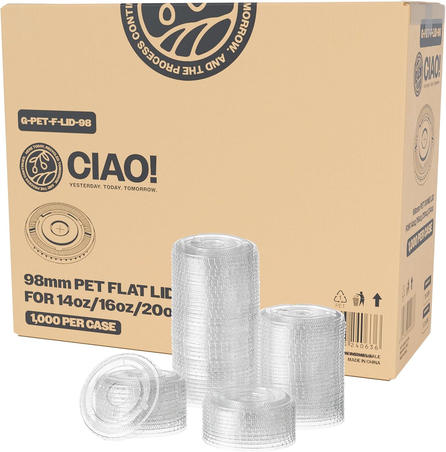 CIAO! PET Flat Lid with Straw Slot for 14OZ to 24OZ Cups