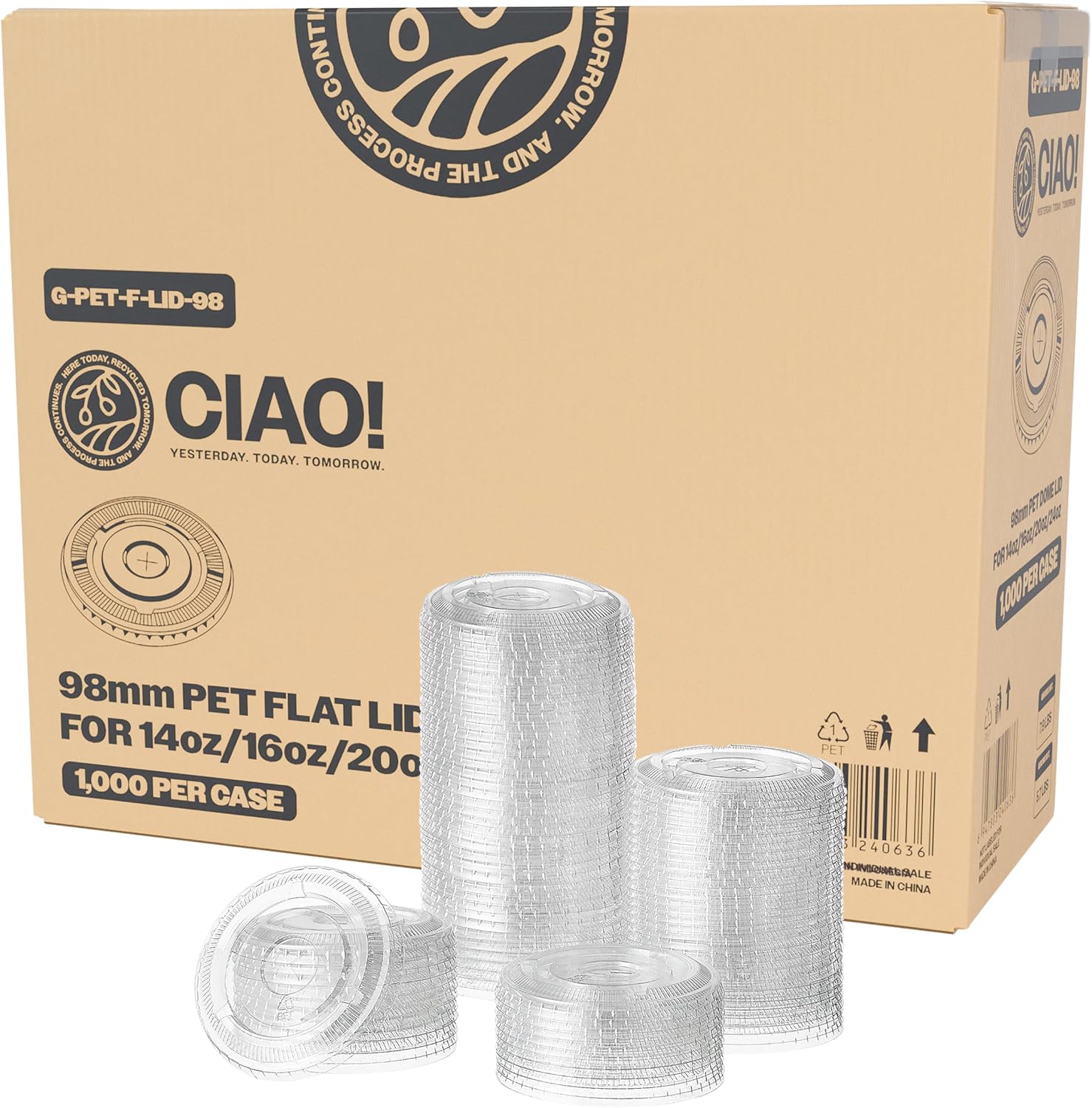 CIAO! PET Flat Lid with Straw Slot for 14OZ to 24OZ Cups