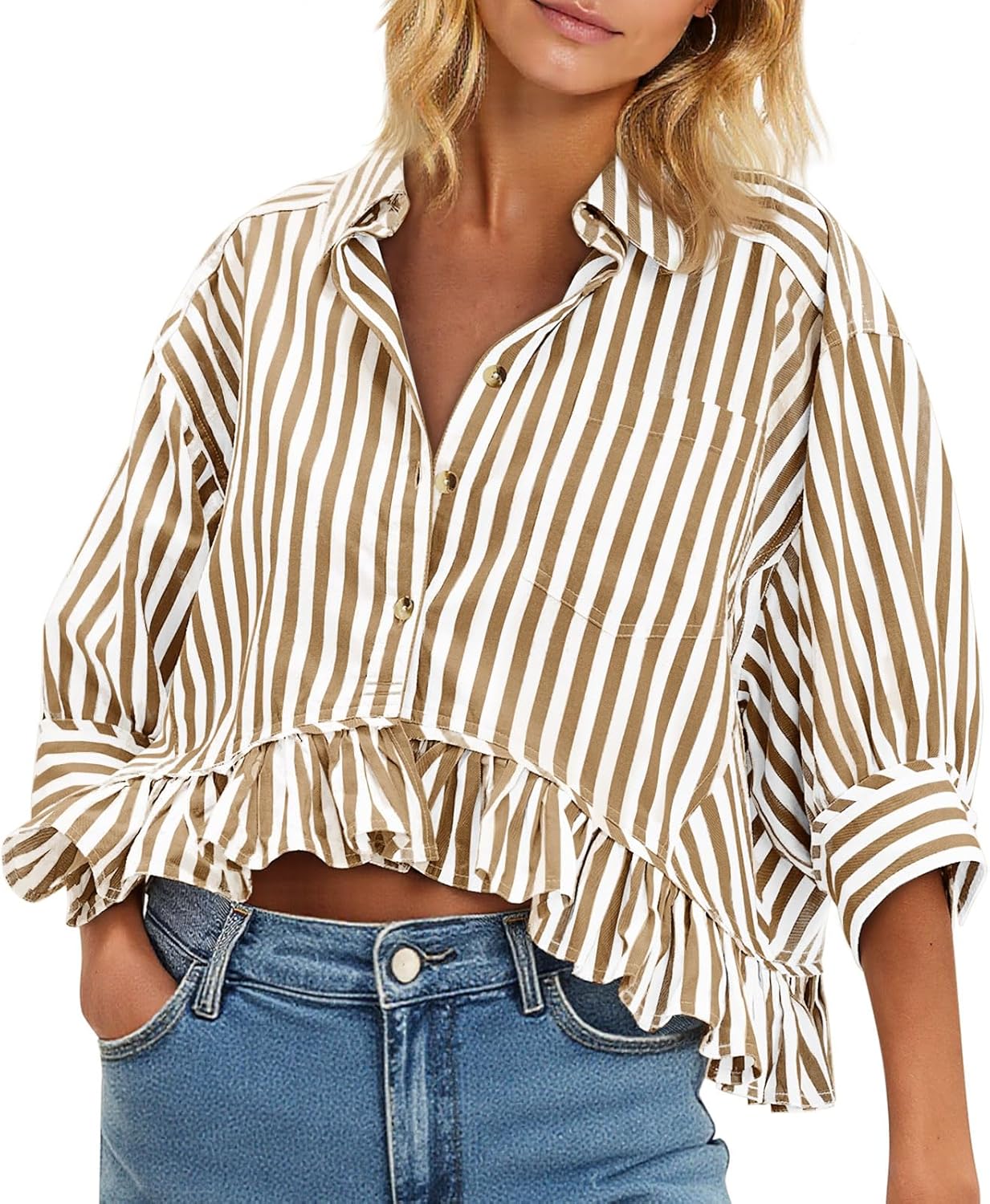 Cropped Striped Button Down Shirt with Ruffle Sleeves for Women