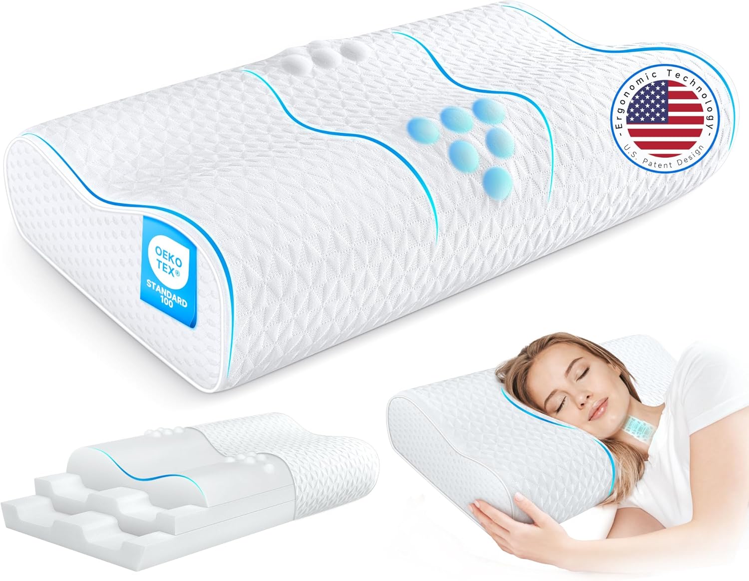 Cervical Pillow for Neck Pain Relief - Adjustable Memory Foam