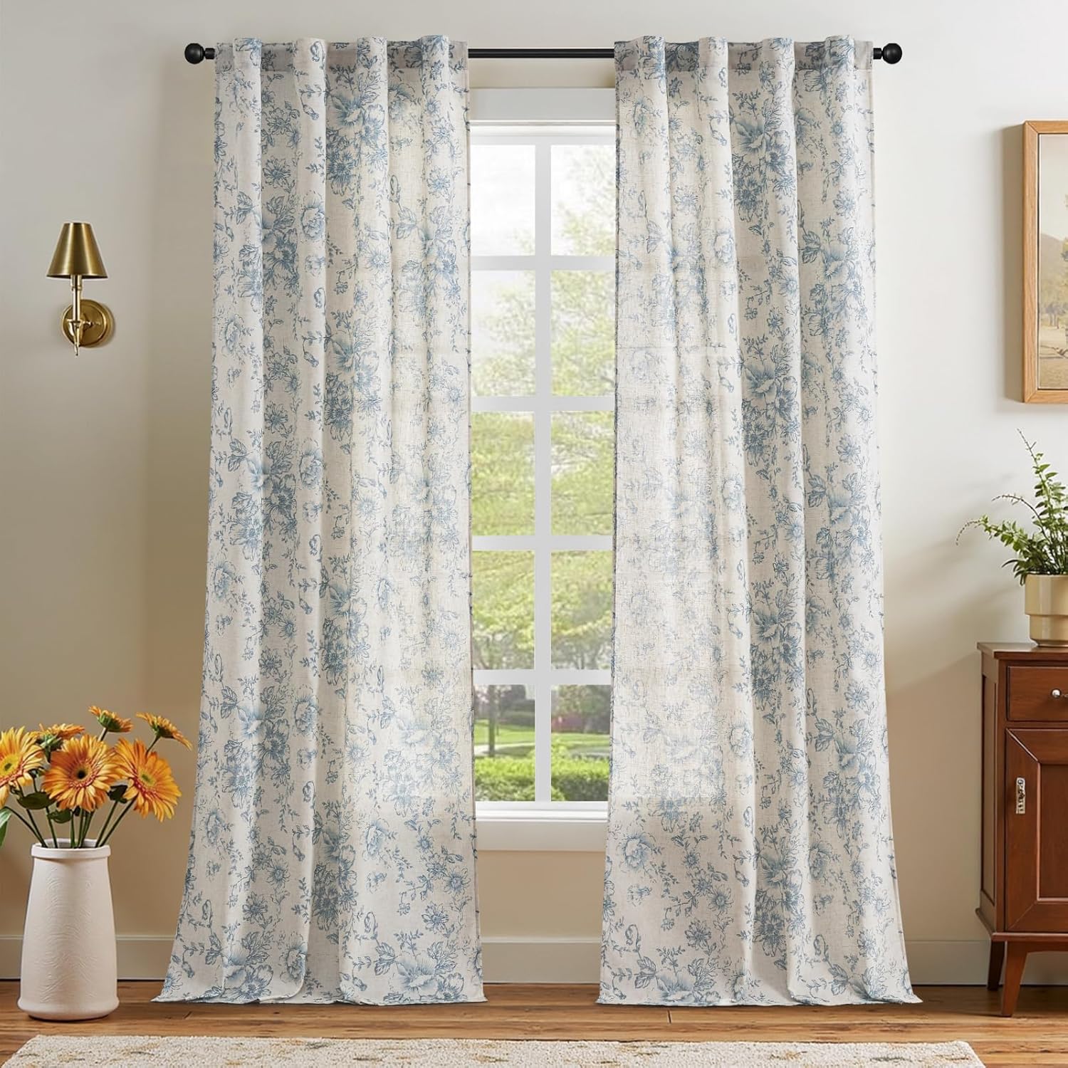 Linen Floral Curtains 96 Inch Length for Living Room Bedroom