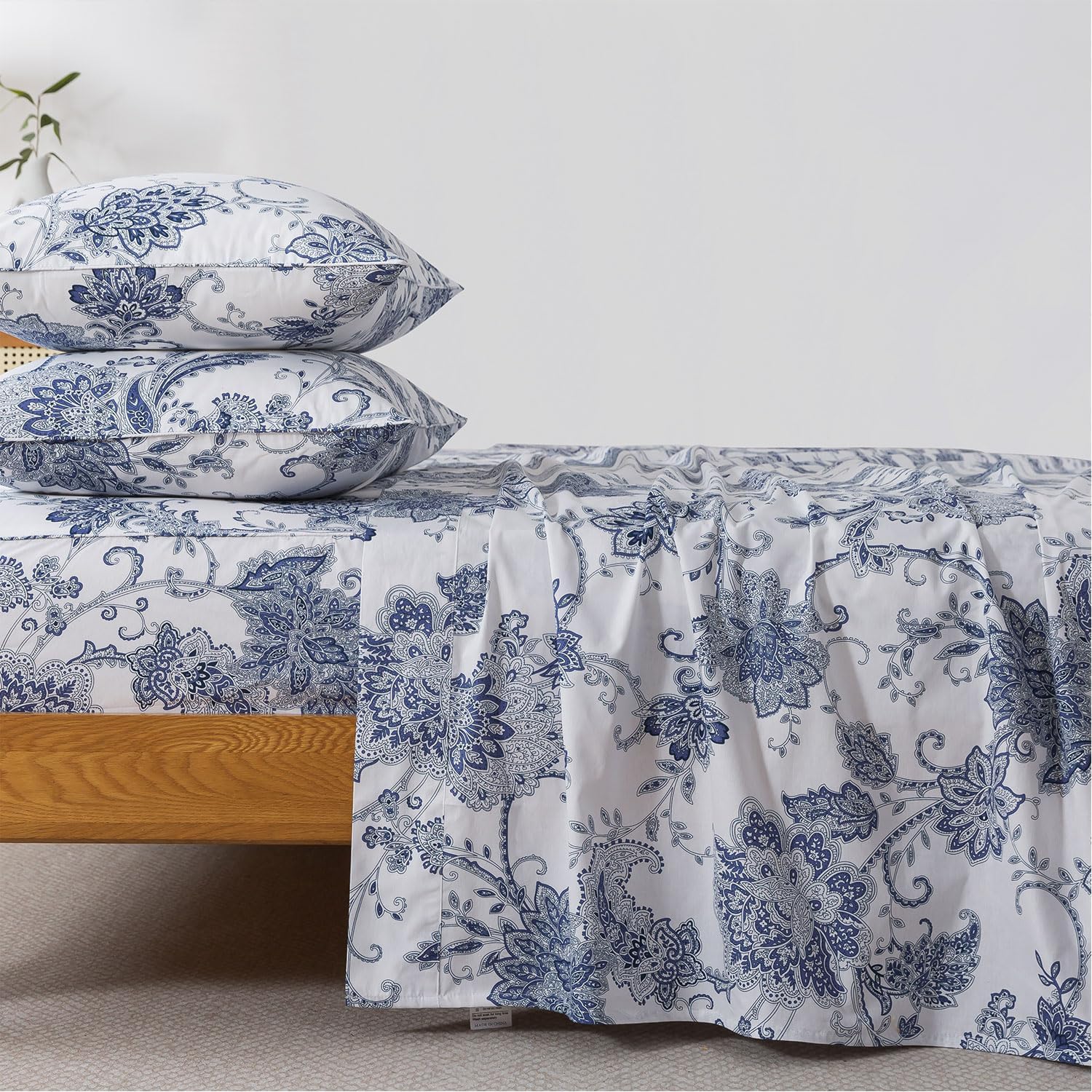 FADFAY Queen Sheets Set Percale Cotton Floral Deep Pocket Bedding