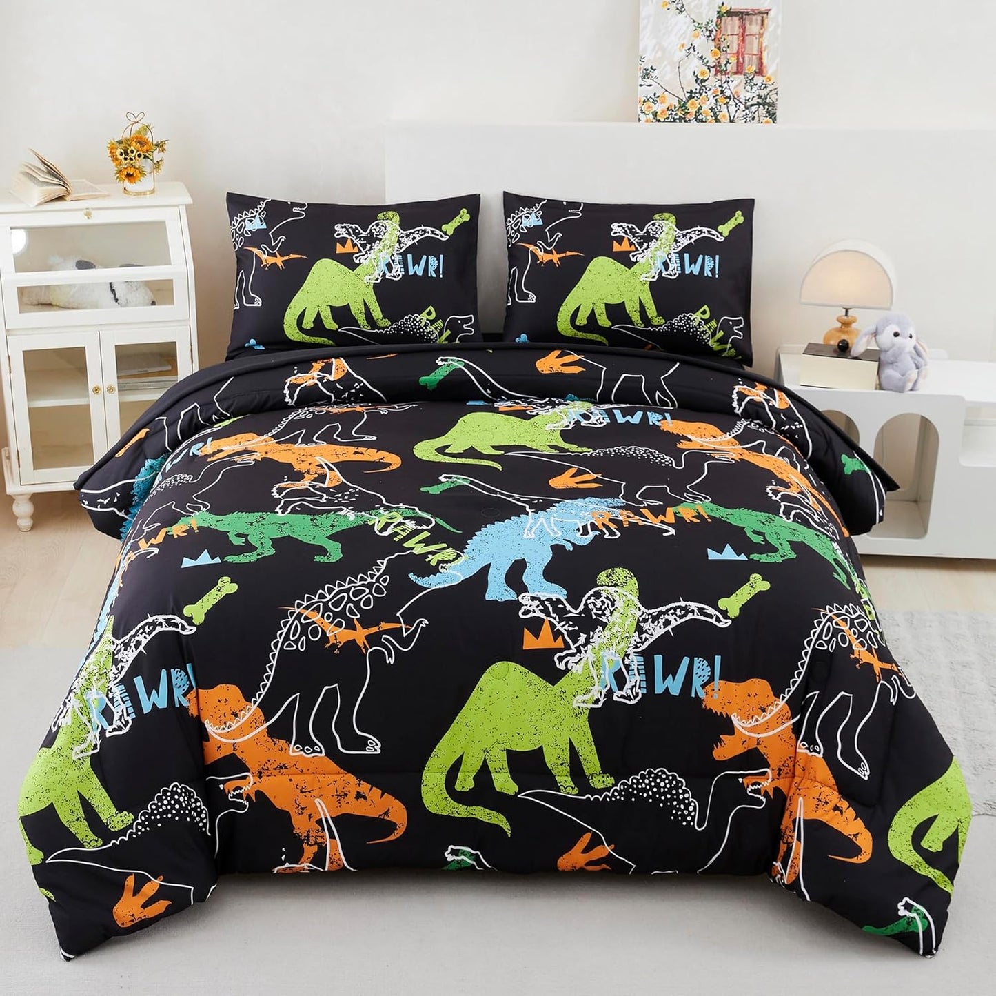 Dinosaur Comforter Set Twin Size for Kids - 3Pcs Bedding Set