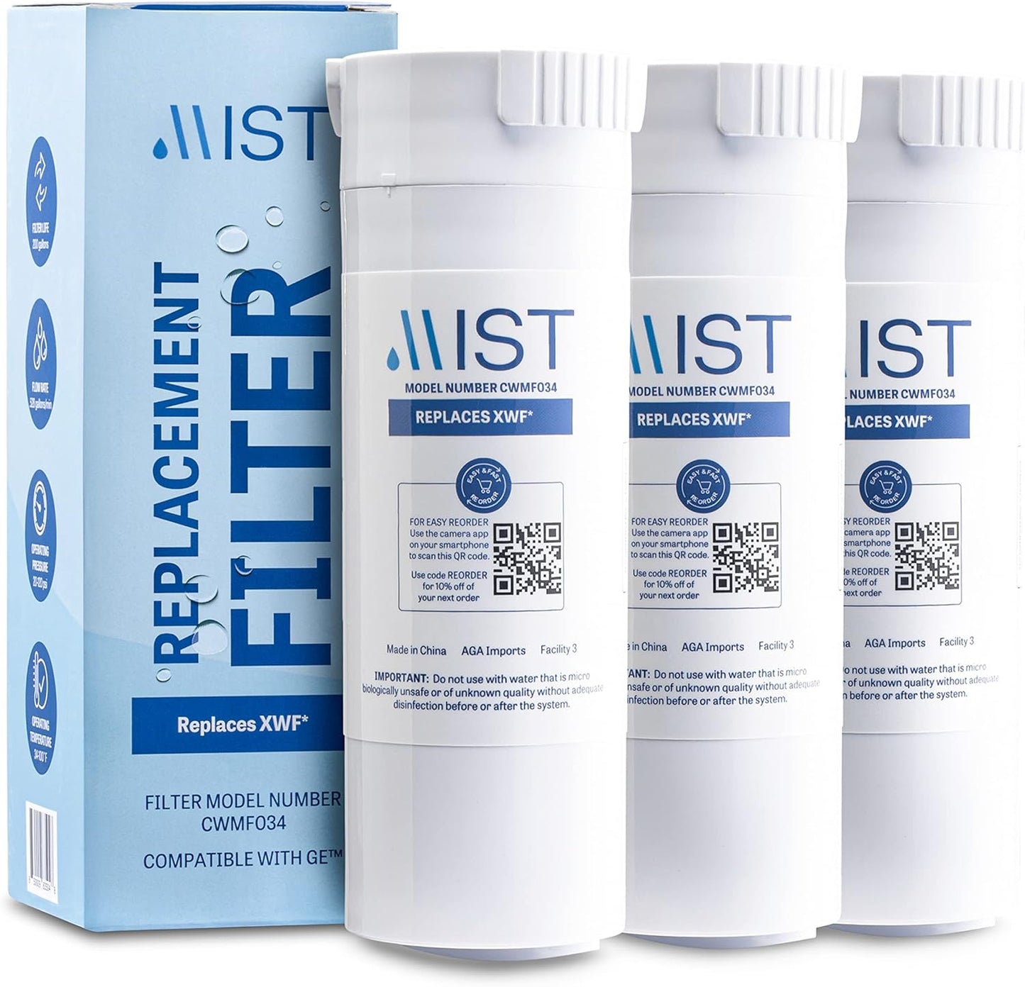 Mist XWF Water Filter Replacement for GE Refrigerators - 3 Pack