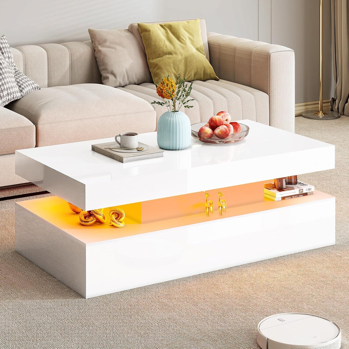 AMERLIFE LED Coffee Table: Modern, 2-Tier, White