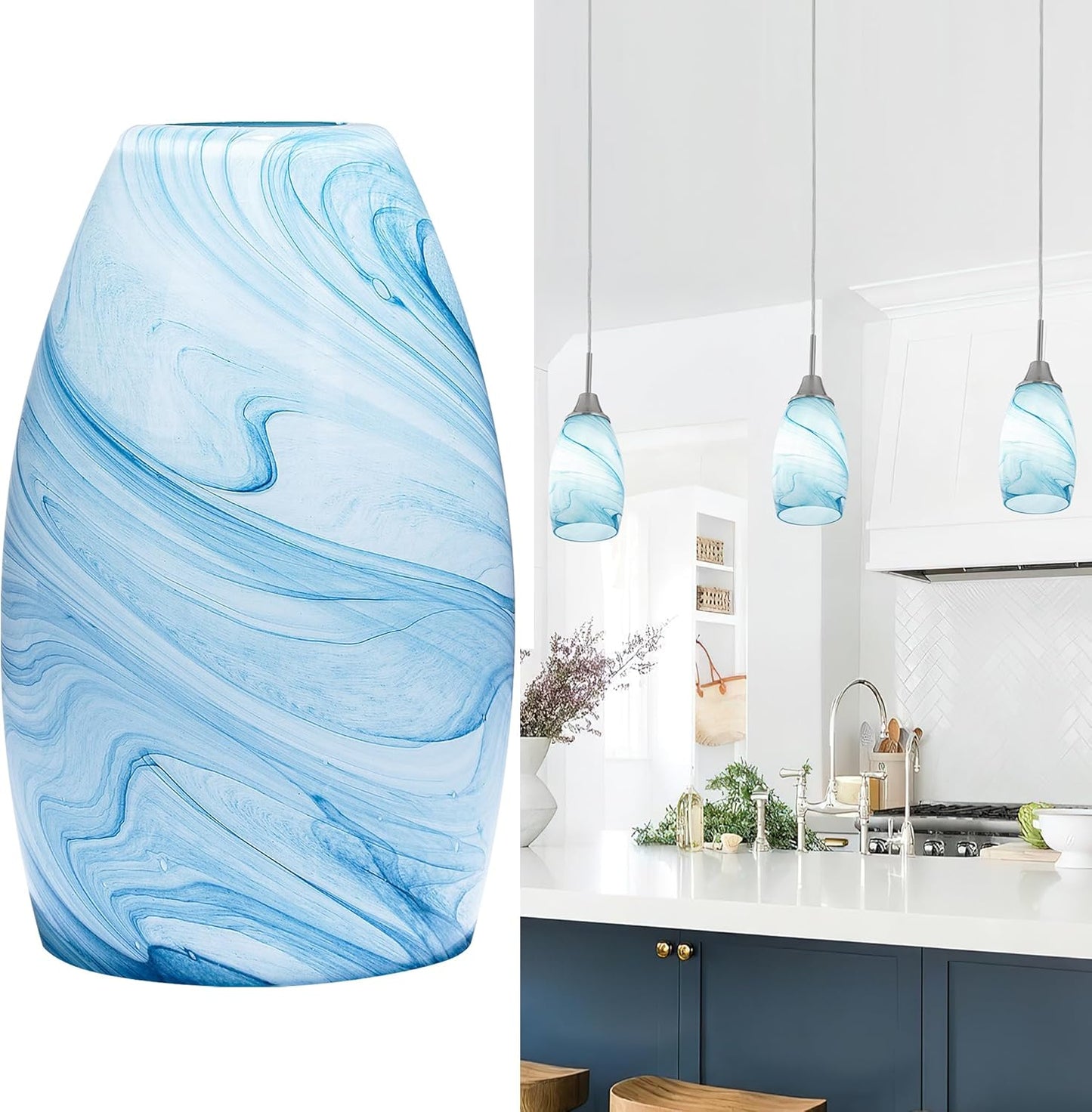 Blue Oval Glass Lamp Shade for Kitchen Island Pendant Lights