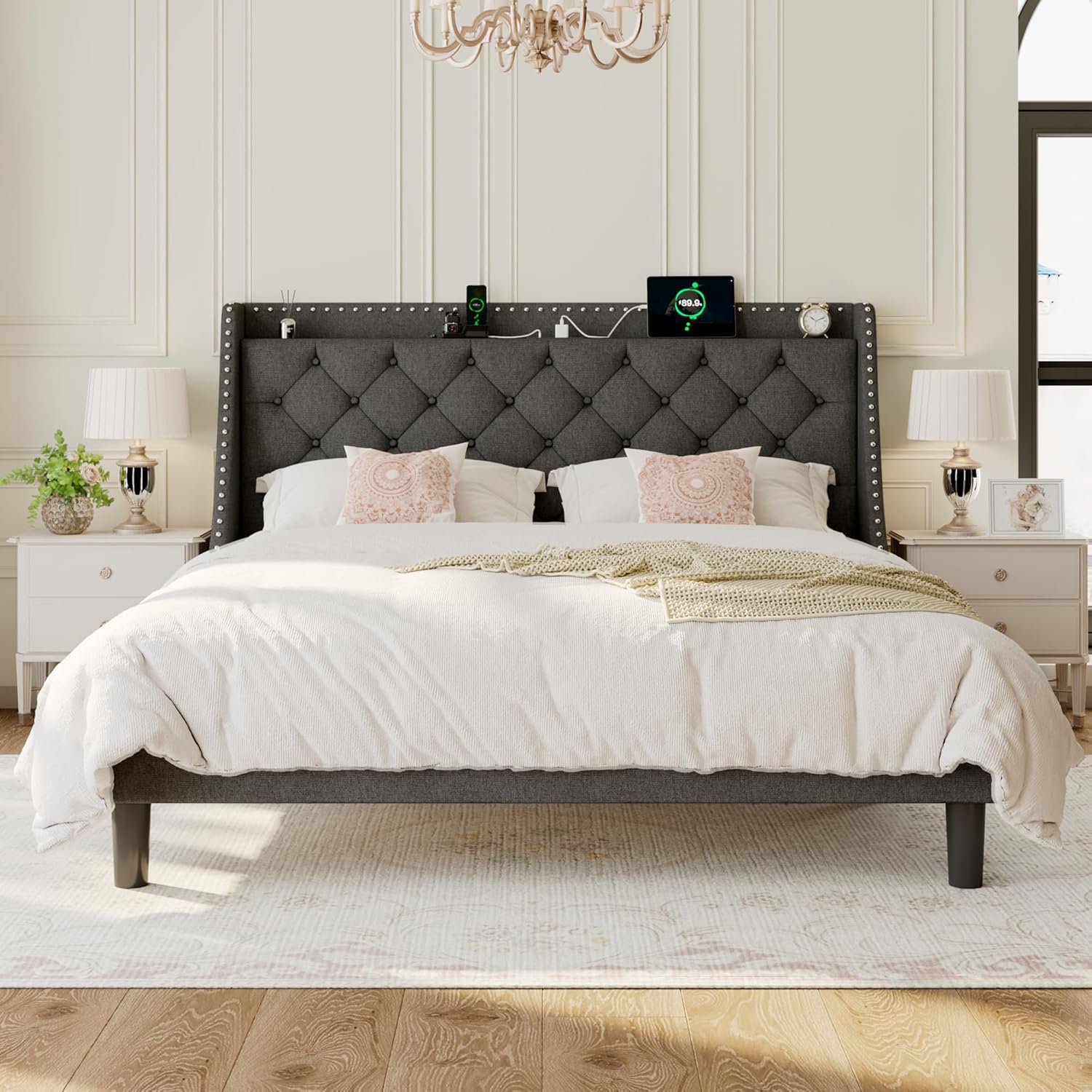 King Size Bed Frame with Wingback Storage Headboard and Ports