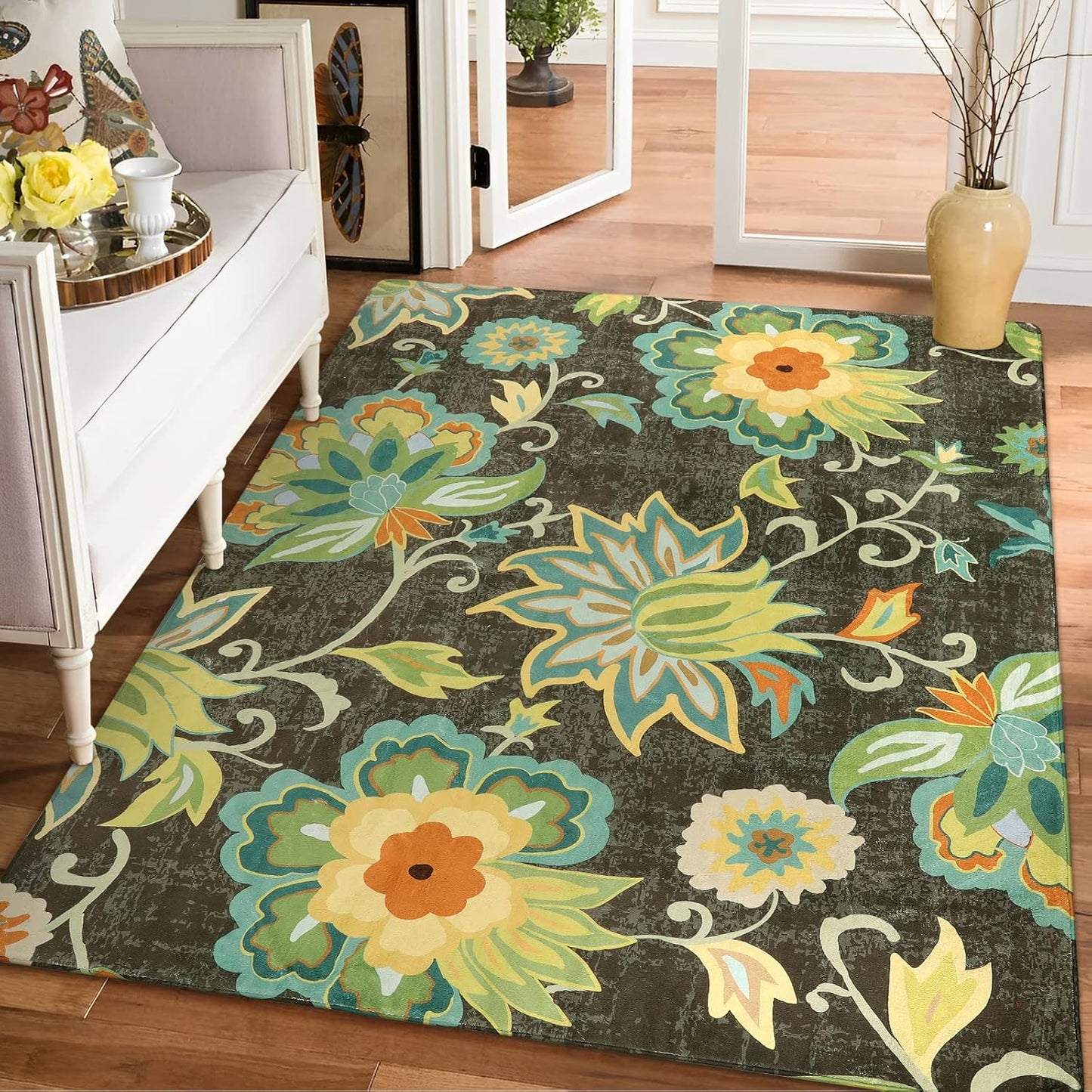 Lahome Machine Washable Floral Living Room Rugs - Soft Green 5x7