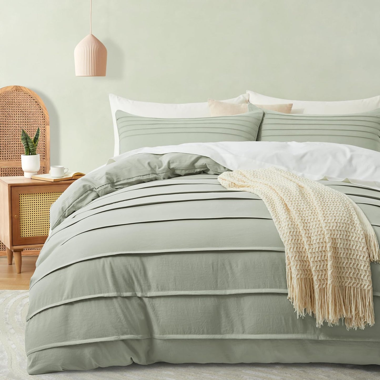 Mist Sage Duvet Cover King Size - Pleated Textured Bedding Set