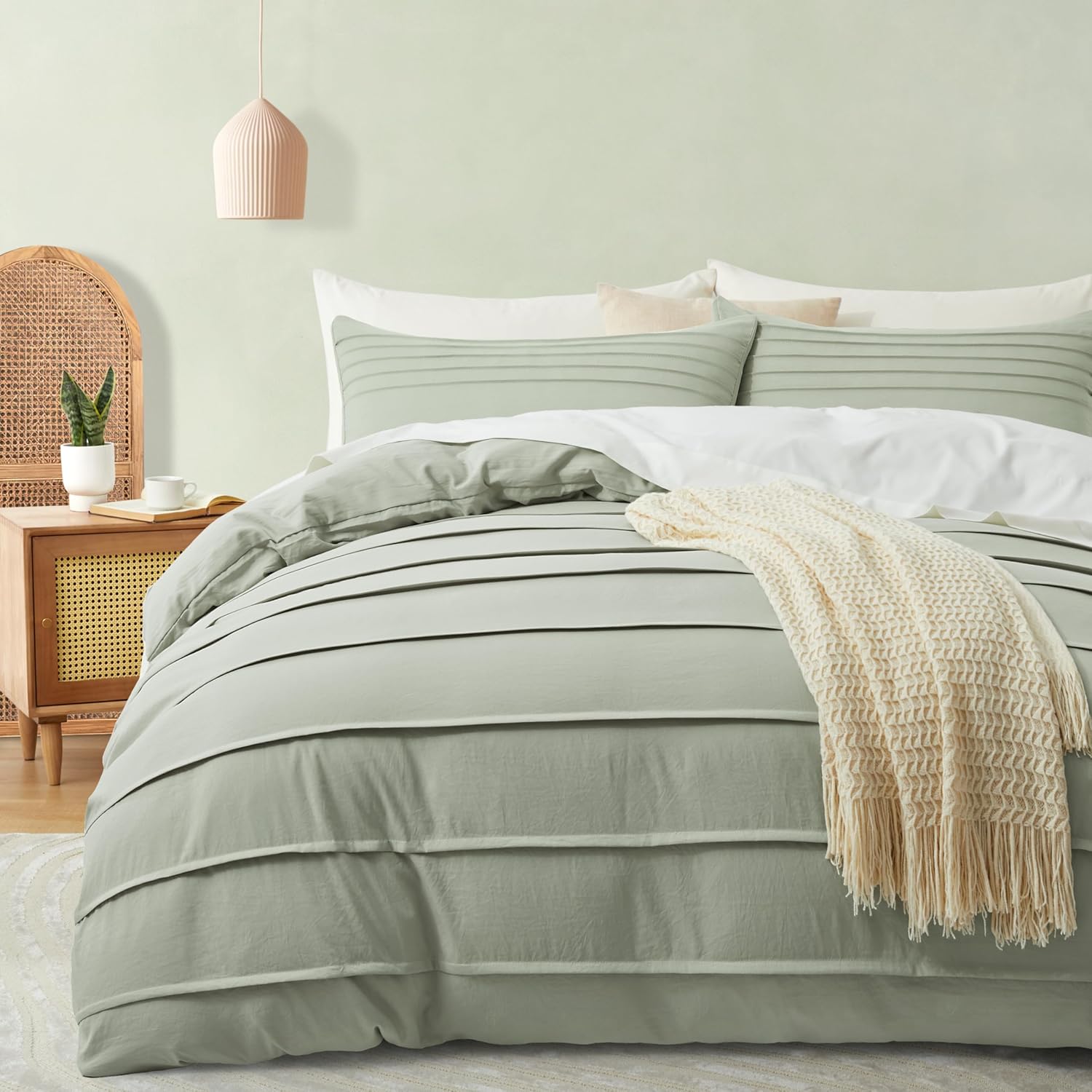 Mist Sage Duvet Cover King Size - Pleated Textured Bedding Set