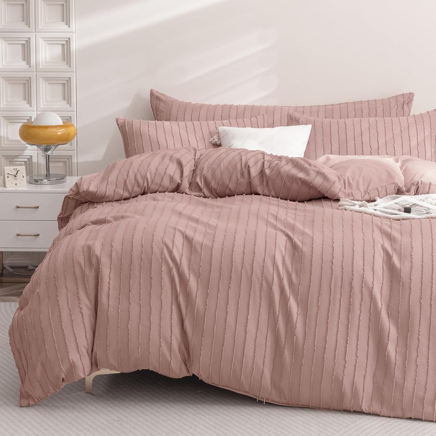 JELLYMONI Boho Striped Duvet Cover Set in Smokey Pink 90in