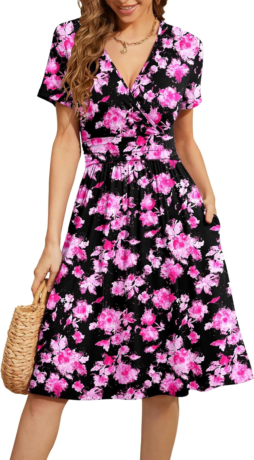 WEACZZY Women's Summer Short Sleeve Casual Floral Dress with Pockets