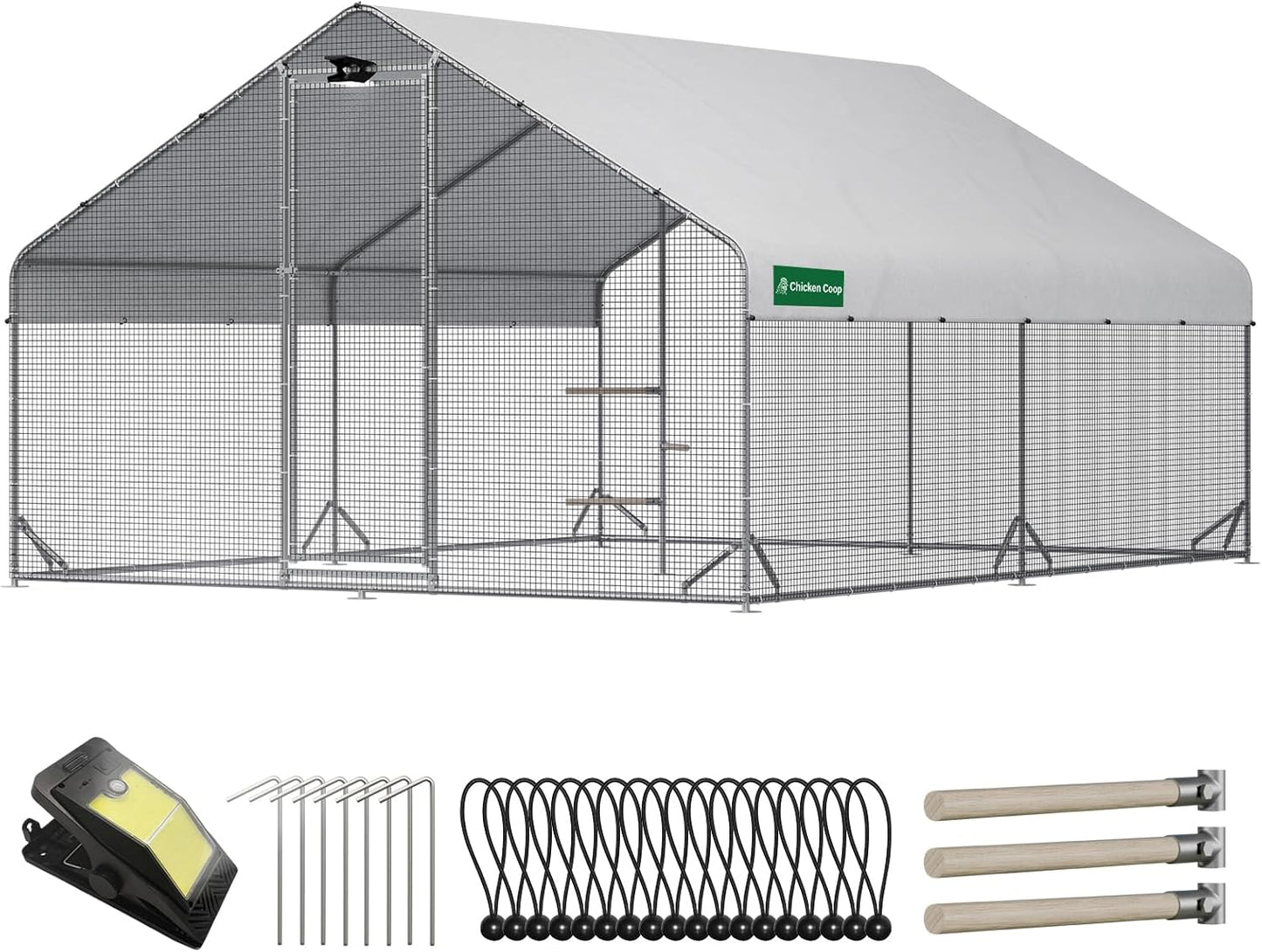 Large Chicken Coop with Run, Solar Light & Waterproof Cover