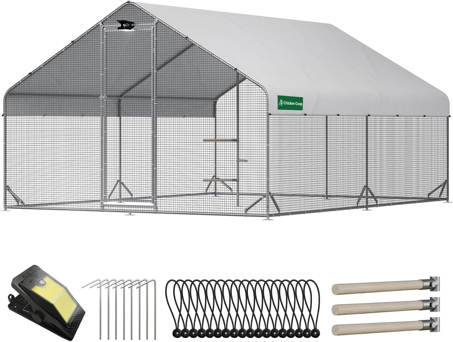 Large Chicken Coop with Run, Solar Light & Waterproof Cover