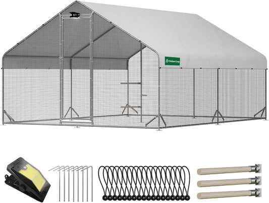 Large Chicken Coop with Run, Solar Light & Waterproof Cover