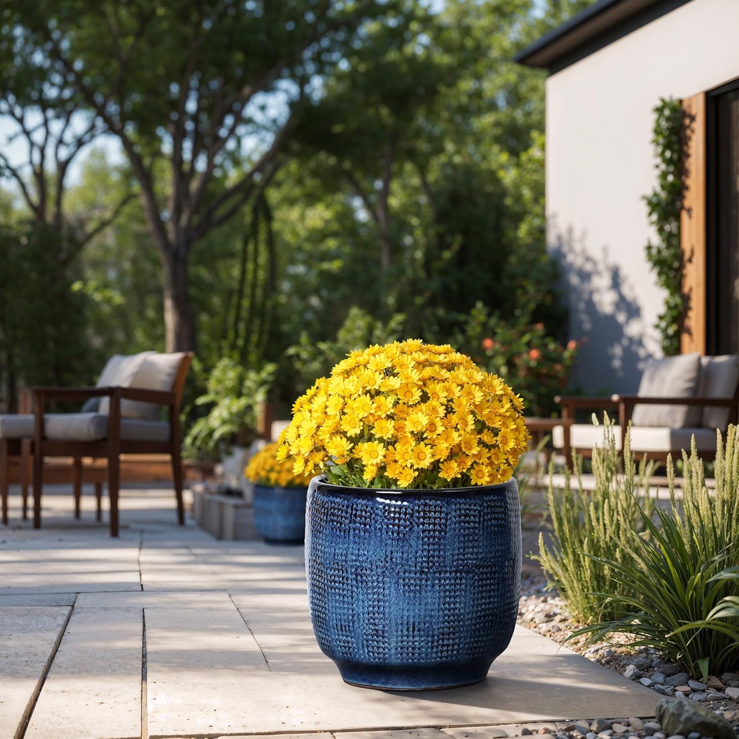 Large Ceramic Pots for Plants with Drainage Hole, Ocean Blue