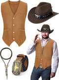 4 Pcs Western Outfits for Men Cowboy Suede Vest Hat Belt Bolo Tie