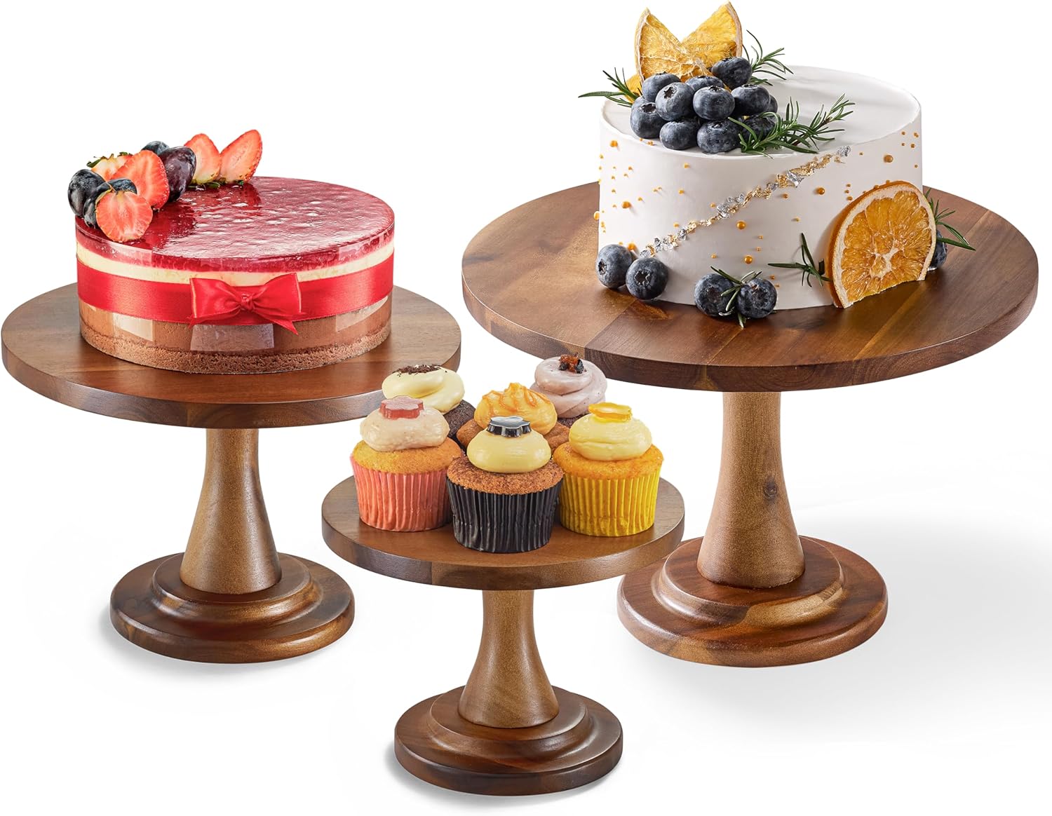 Set of 3 Acacia Wood Cake Stands for Rustic Decor and Parties
