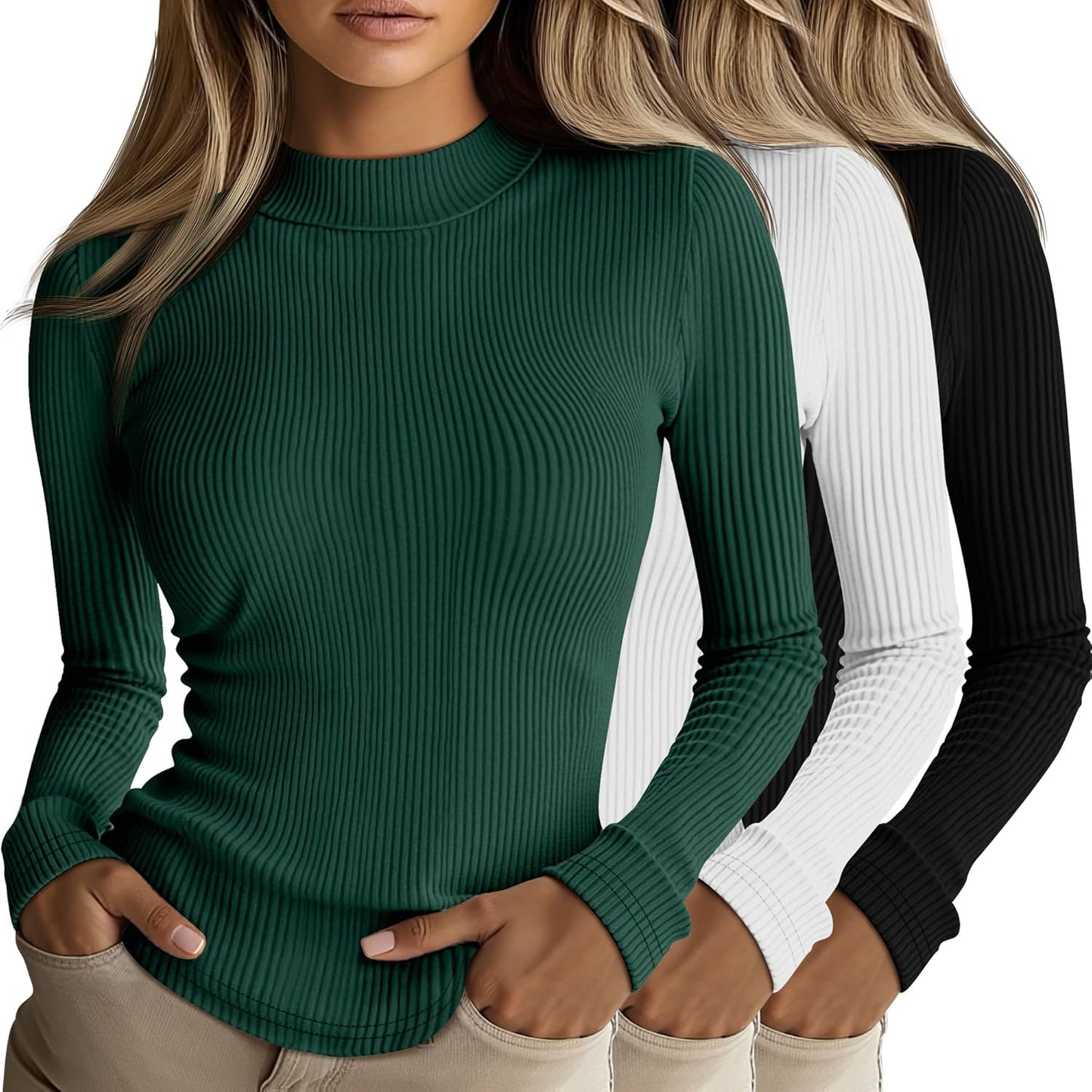 Riyiper 3 Pack Women's Ribbed Shirts for Casual Layering