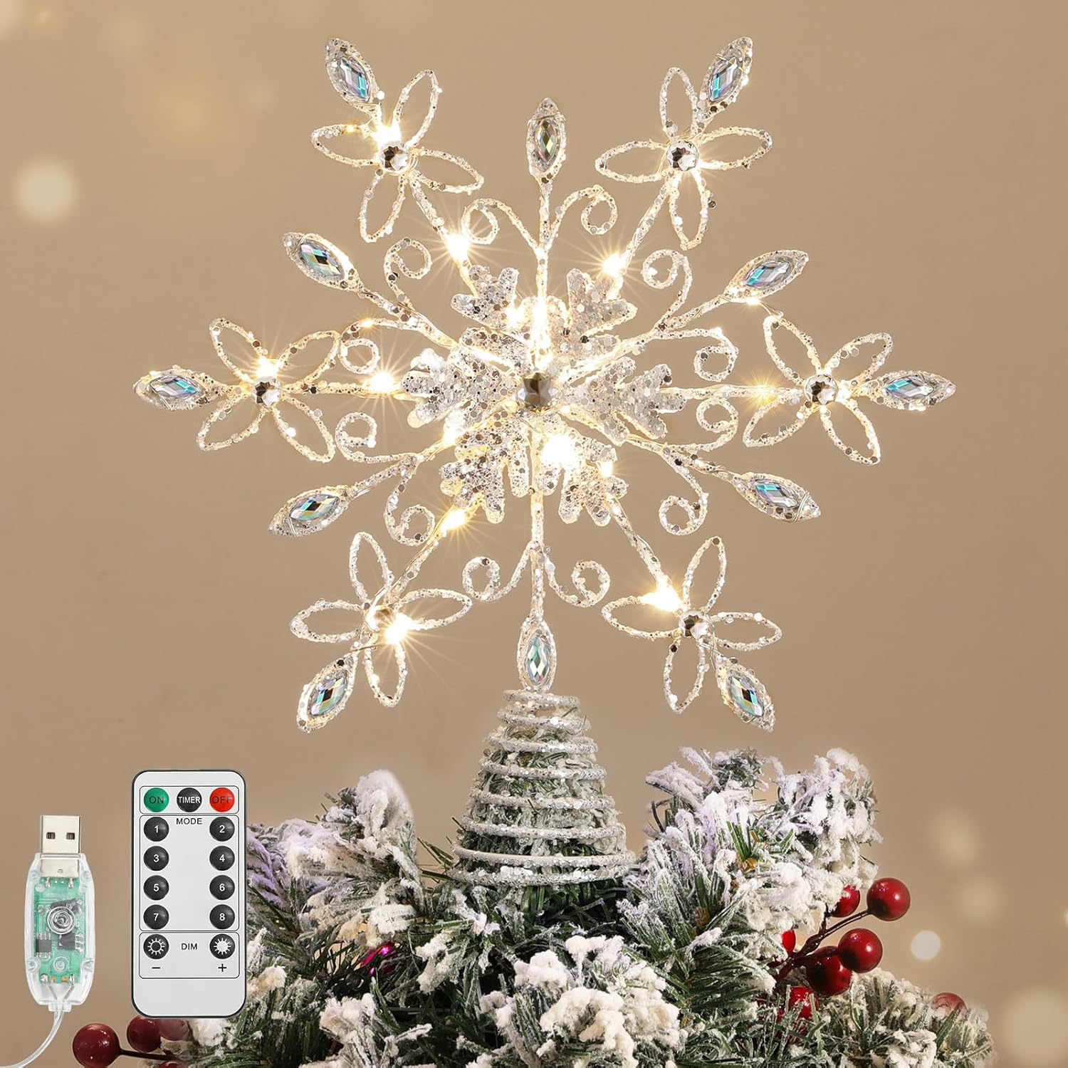 Lewondr Christmas Snowflake Tree Topper with LED Lights