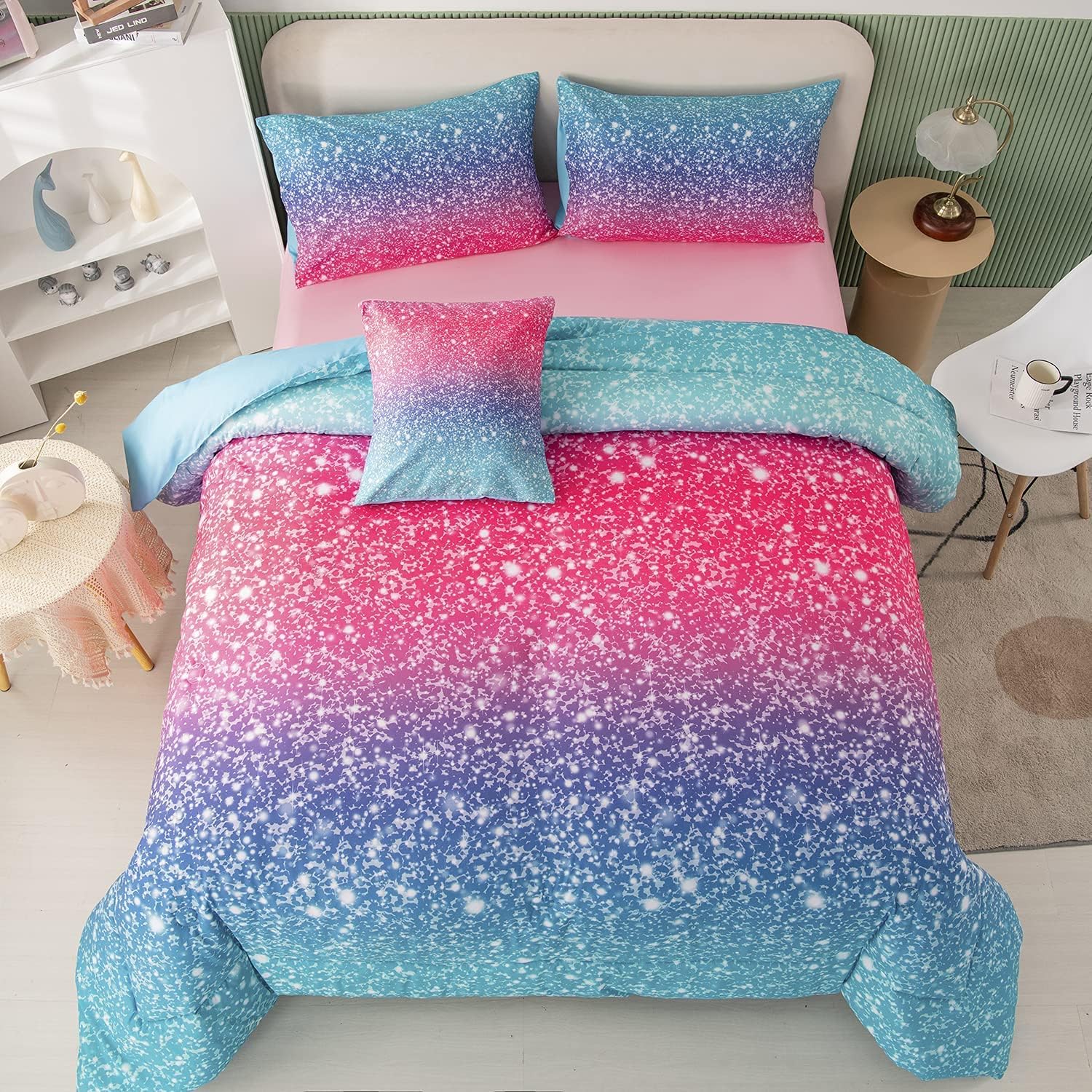 PERFEMET 6Pcs Pink Full Size Comforter Set for Girls Bedding