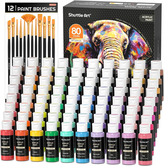 Premium 80-Color Acrylic Paint Set + Brushes - Richly Pigmented