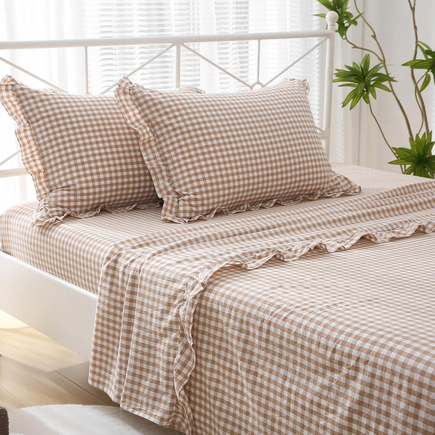 Taupe White Plaid Ruffle Sheets Twin Size 4-Piece Set for Comfort