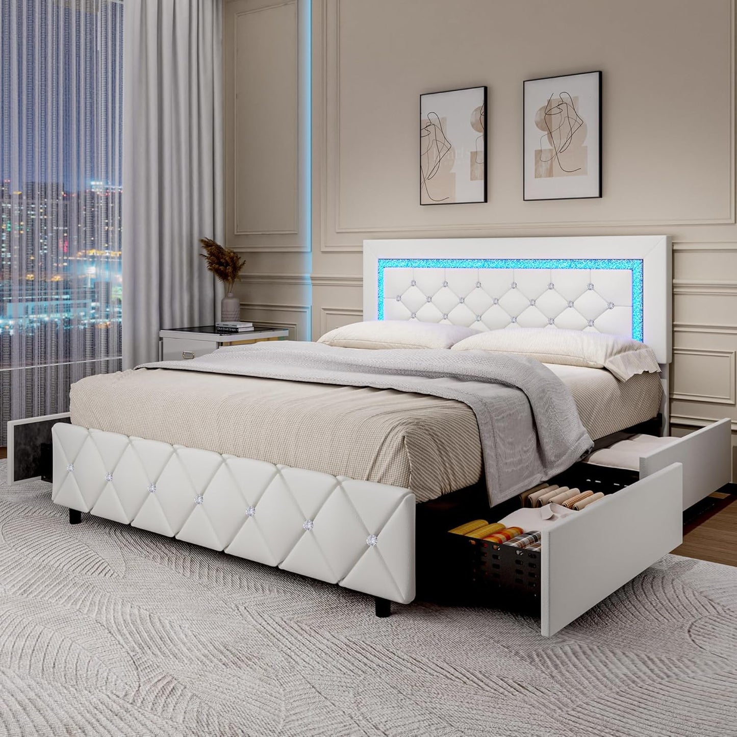 Queen Bed Frame with LED Lights and Storage Drawers for Comfort