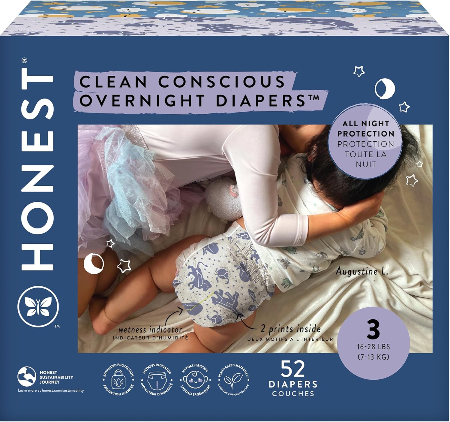The Honest Co. Plant-Based Overnight Diapers | Cozy Cloud + Star Signs | Size 3, 52 Count